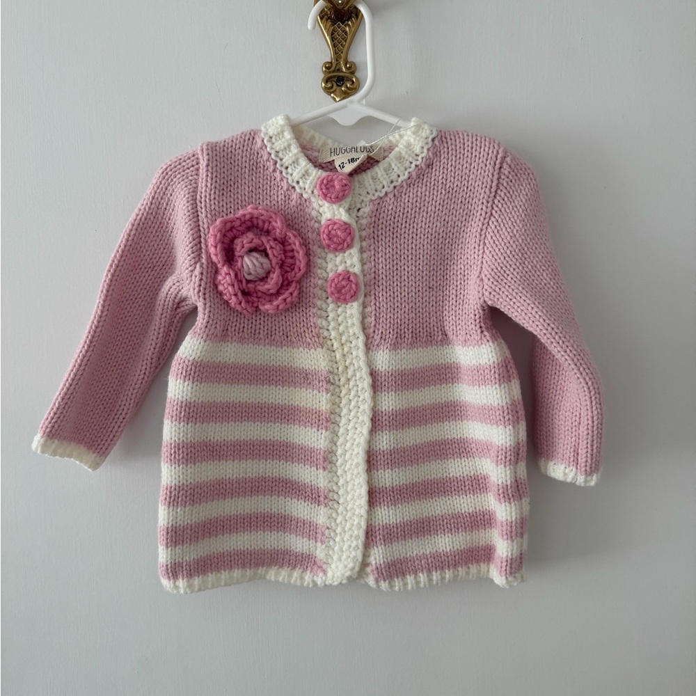 Pink & White Striped Knit Baby Cardigan with Flower